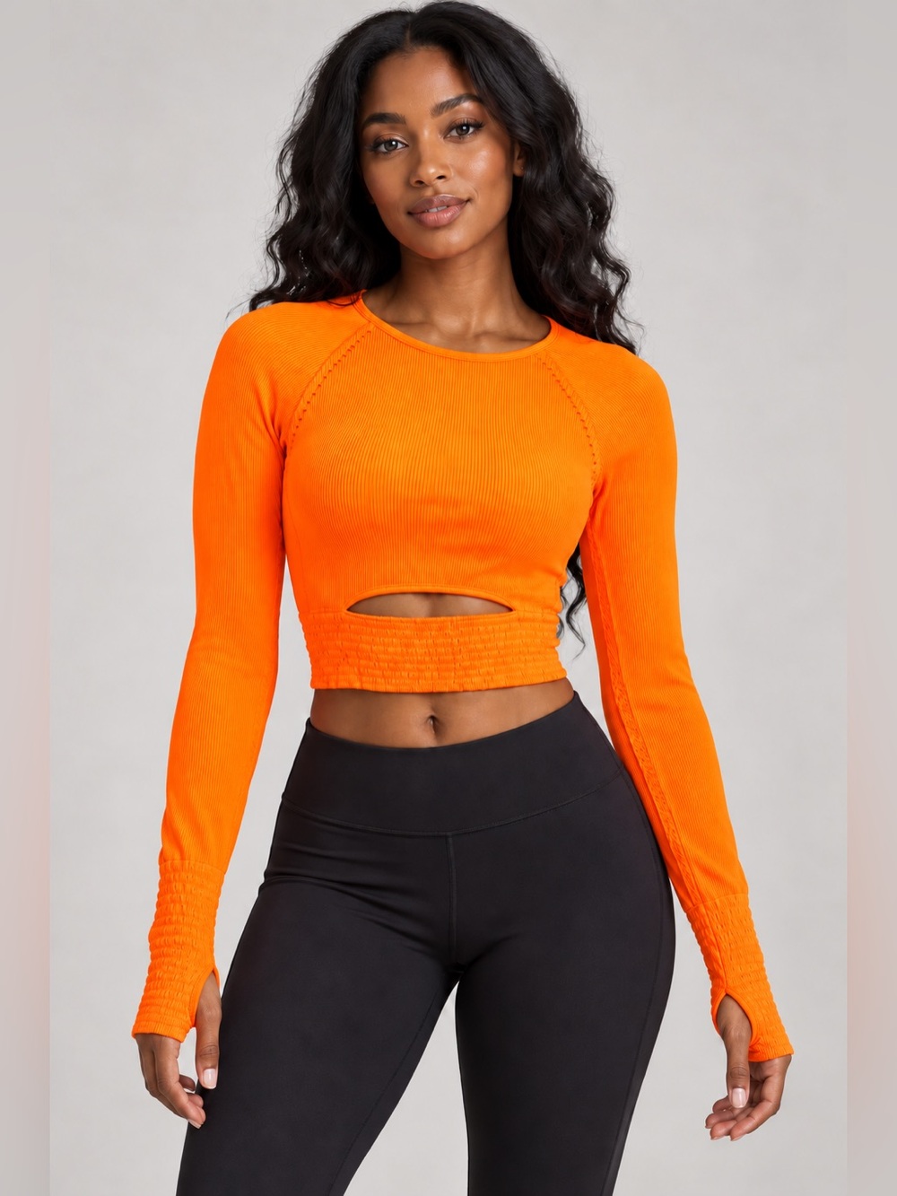 Free People FP Movement XS/S Coral Ribbed Crop Top NWOT Cutout Thumbholes